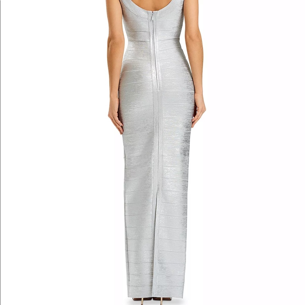 NWT Silver Foil Herve Leger Long Cocktail Dress - Picture 3 of 13